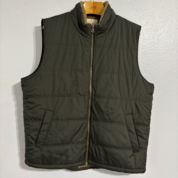 Weatherproof Vintage XL Dark Olive Green Sherpa Lined Puffer Vest Zip Front - Picture 1 of 12